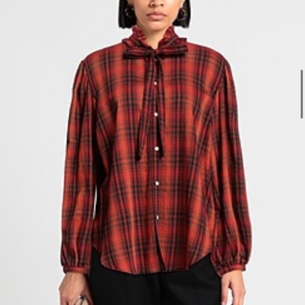 NWT POLO Ralph Lauren Orange Plaid Check LS Blouse Ruffle Tie Neck Women Size 14